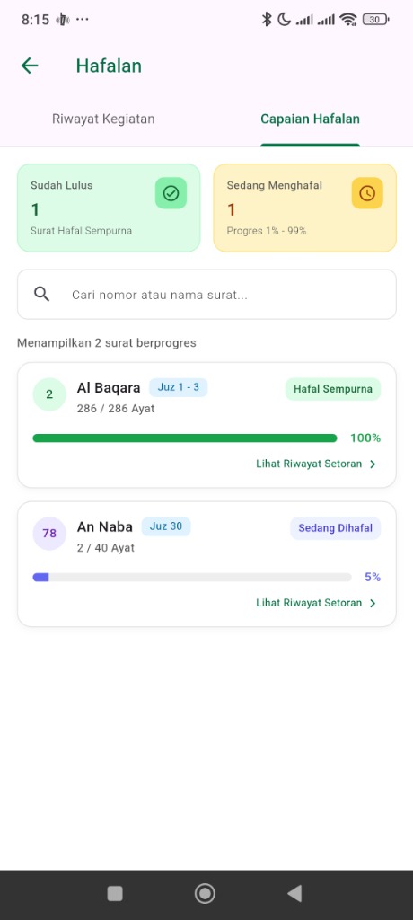 Capaian Hafalan di Aplikasi Mobile Santri